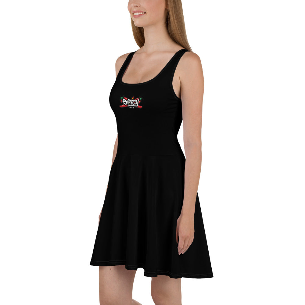 Women's Scoop Neck Casual Graphic Skater Dress - SPICY BLACK