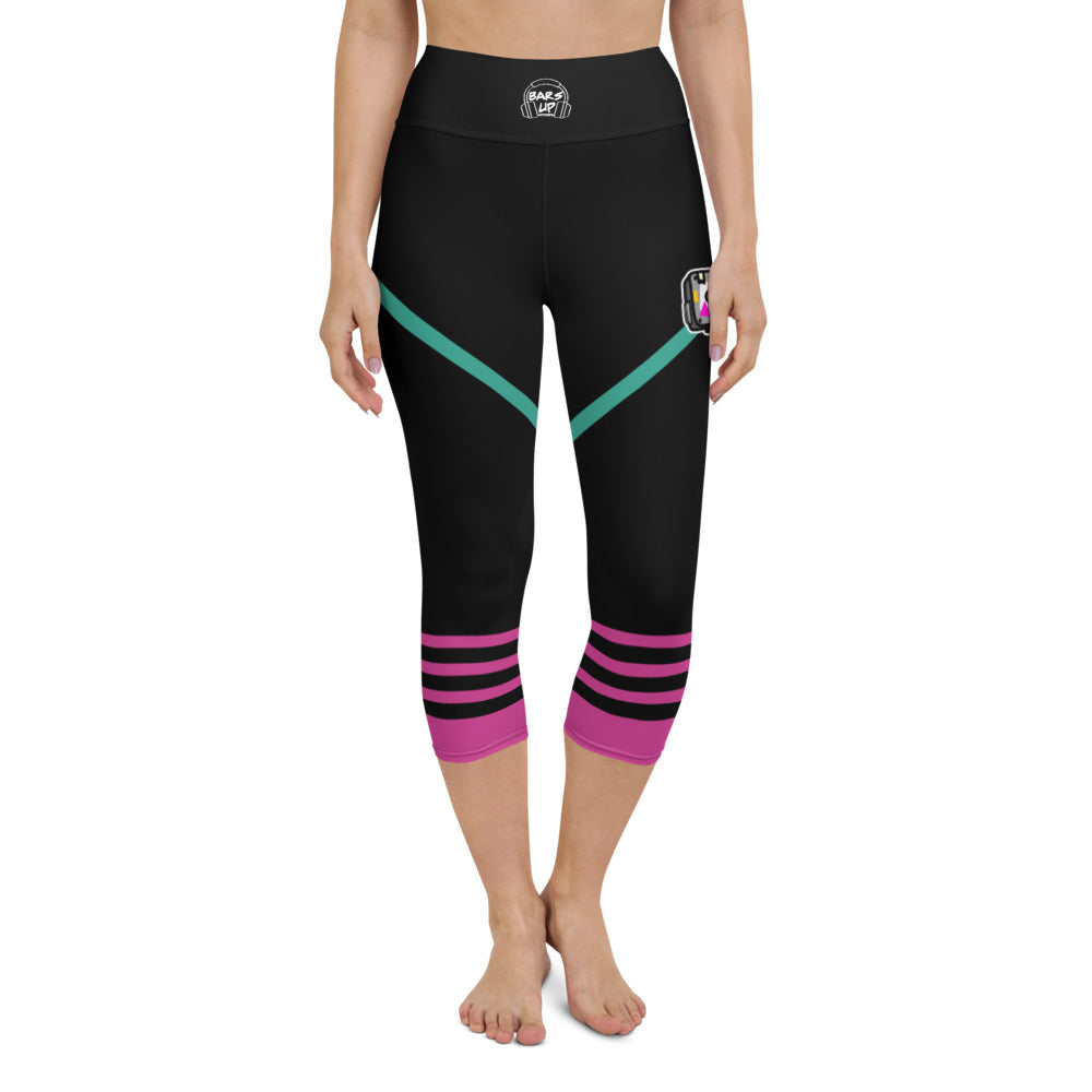 Womens Capri Leggings Casual Graphic Yoga Pants - TAPE POP BLACK PINK