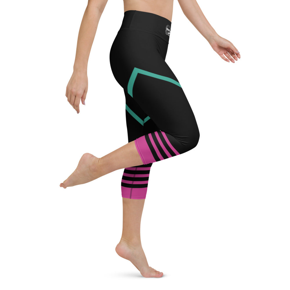 Womens Capri Leggings Casual Graphic Yoga Pants - TAPE POP BLACK PINK