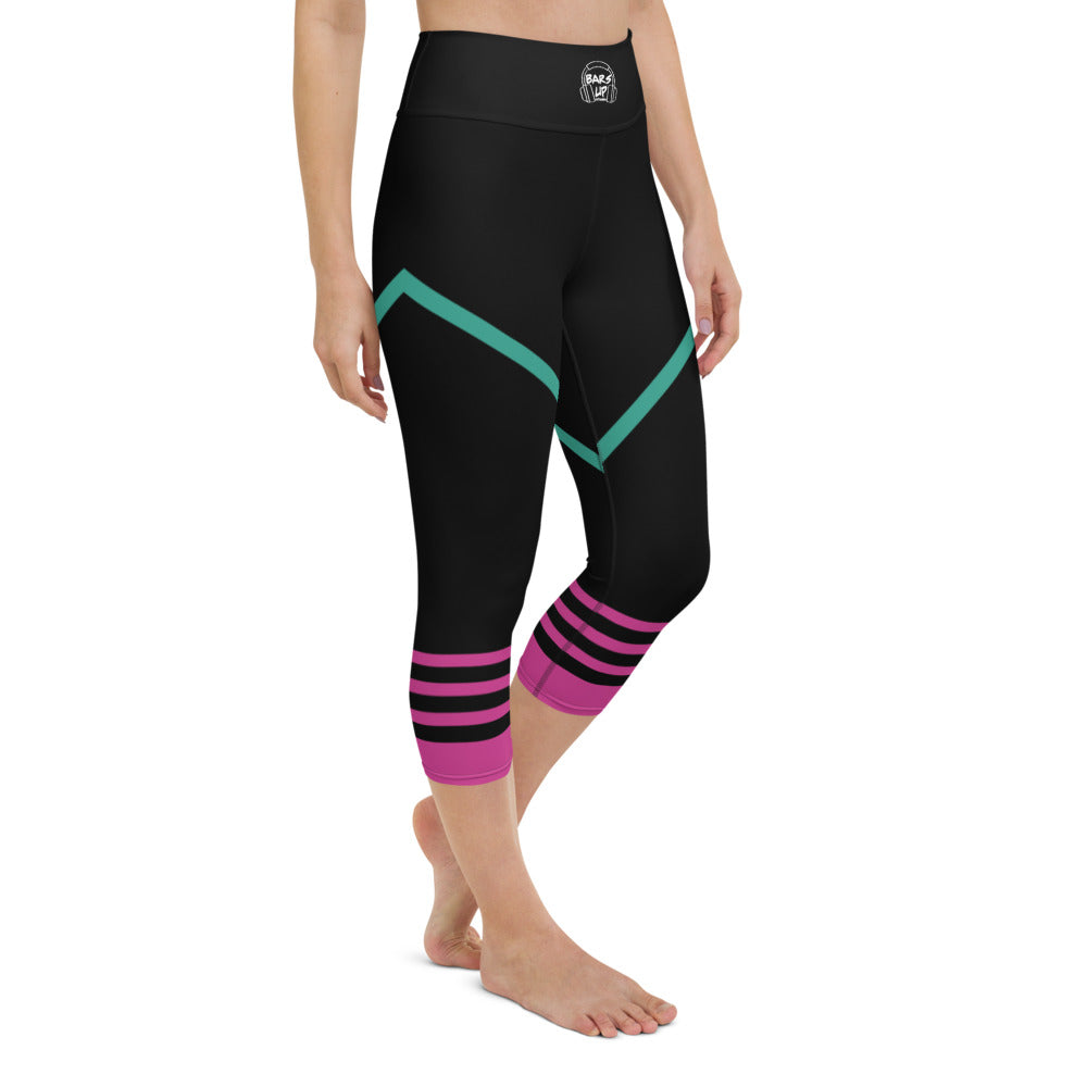 Womens Capri Leggings Casual Graphic Yoga Pants - TAPE POP BLACK PINK